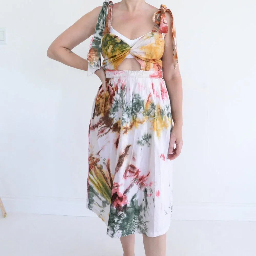 Busayo Segun Tie Dyed Cut Out 100% Cotton Watercolor Midi Dress XS